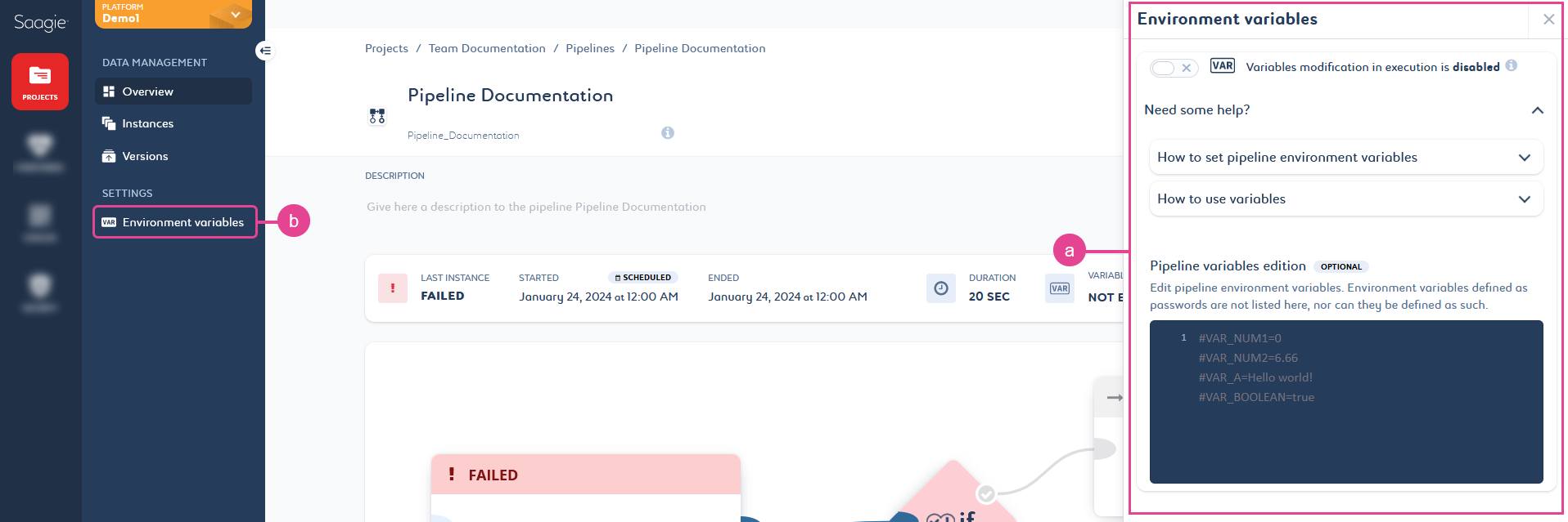 pipeline settings variables side panel