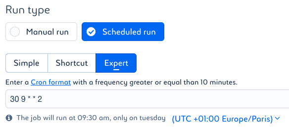 Screenshot of the settings for the scheduled run type in expert mode