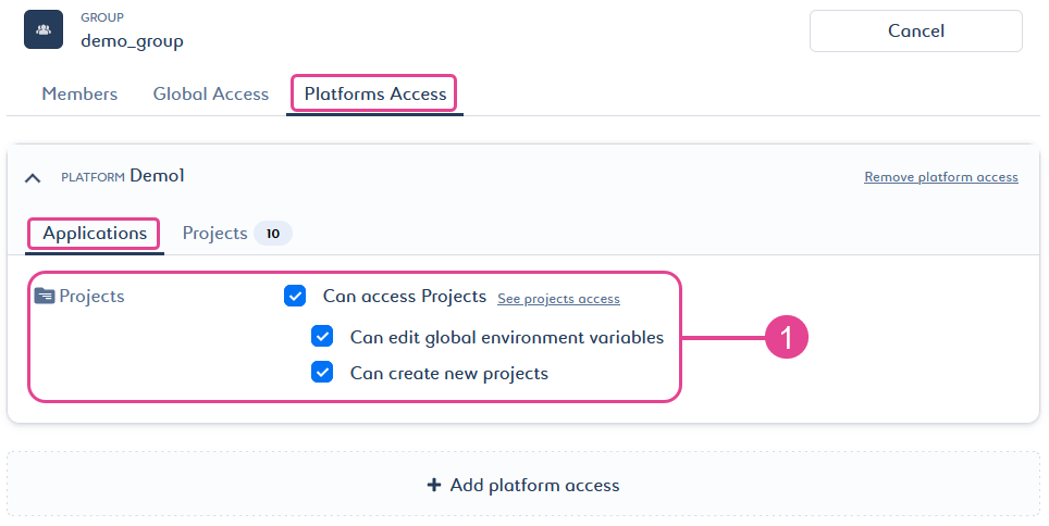 Screenshot of the "Applications" sub-tab in the "Platform Access" tab in the group settings.