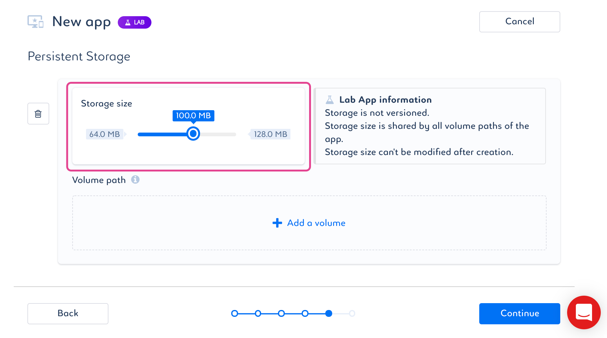 Persistent storage size configuration option